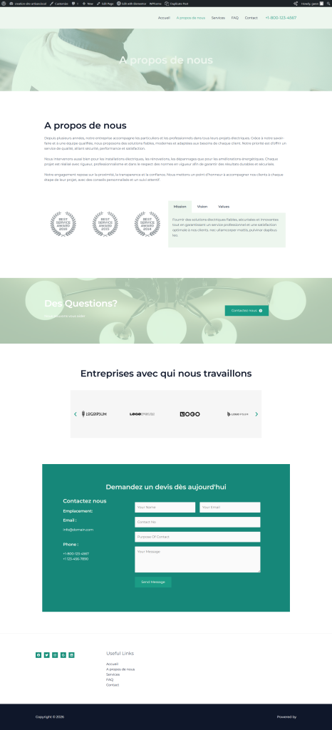 page à propos site vitrine électricien