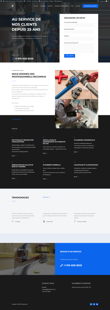 page accueil création site internet plombier