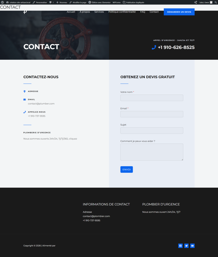 page contact pour plombier site internet
