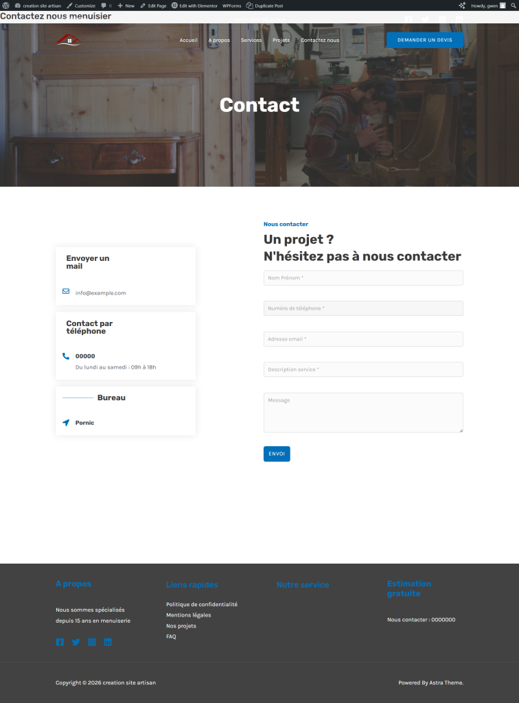 page contact site vitrine menuisier